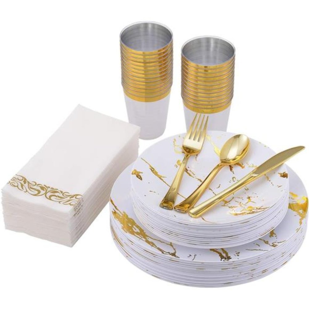 175 Count White and Gold Marbling Plastic Plates Sets, Disposable Sets